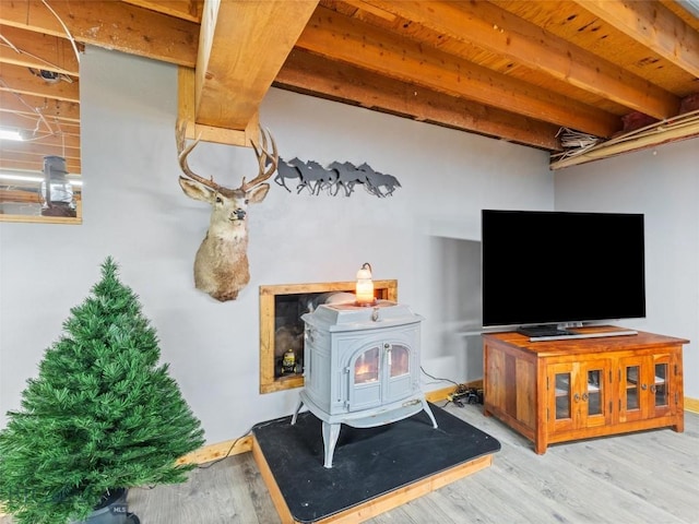 living room featuring a wood stove and wood finished floors