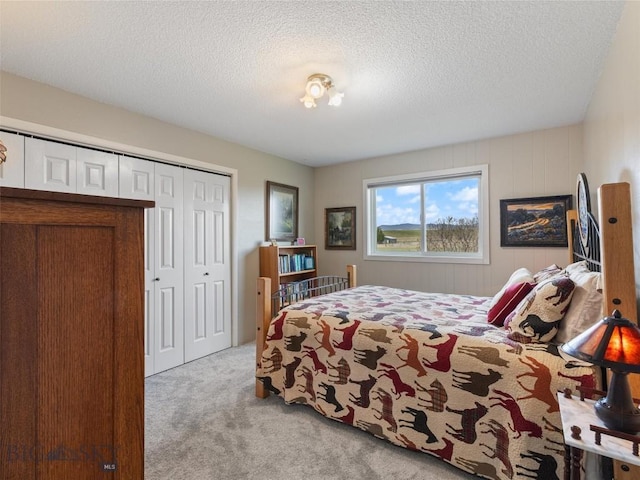 carpeted bedroom with a textured ceiling and a closet