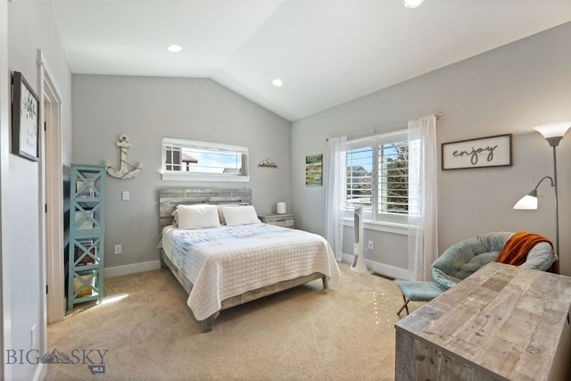 bedroom with light colored carpet, recessed lighting, baseboards, and vaulted ceiling
