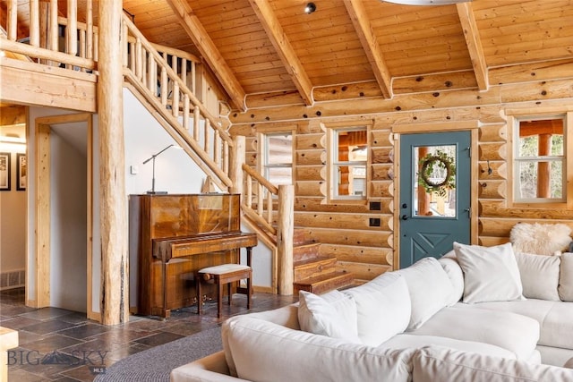 living area featuring lofted ceiling with beams, wood ceiling, rustic walls, and stairway