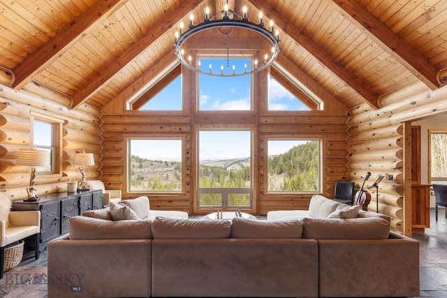 living area with log walls, a notable chandelier, high vaulted ceiling, and a healthy amount of sunlight