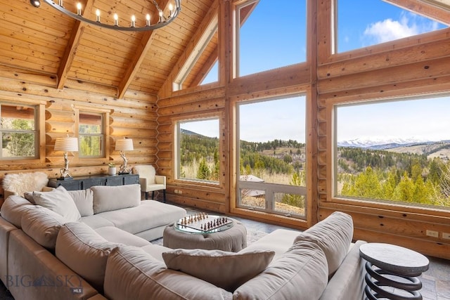 living area featuring an inviting chandelier, beam ceiling, high vaulted ceiling, log walls, and wood ceiling