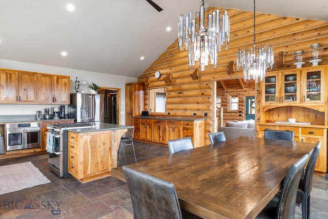 dining area featuring stone finish flooring, high vaulted ceiling, an inviting chandelier, log walls, and recessed lighting