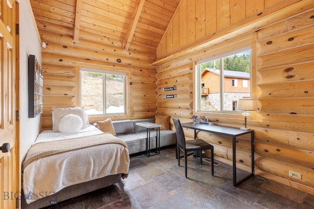 bedroom with wood ceiling, vaulted ceiling with beams, multiple windows, and stone tile floors