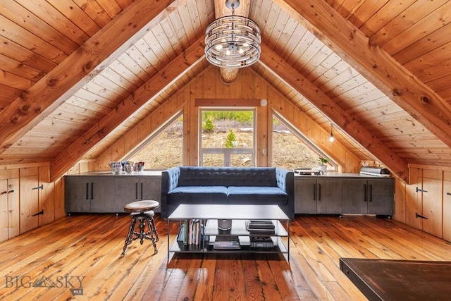 bonus room featuring vaulted ceiling with beams, wooden walls, hardwood / wood-style flooring, and wooden ceiling