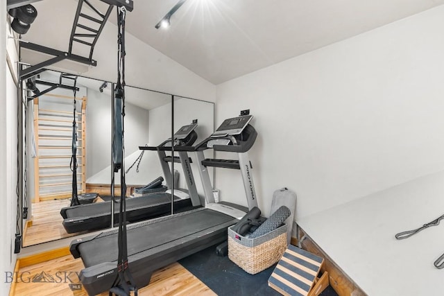 exercise room featuring wood finished floors and lofted ceiling