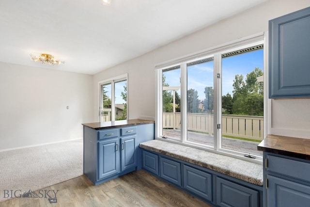 kitchen with wood finished floors, dark countertops, and blue cabinetry
