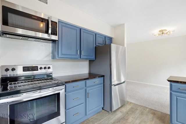 kitchen featuring stainless steel appliances, blue cabinetry, and light wood-style flooring