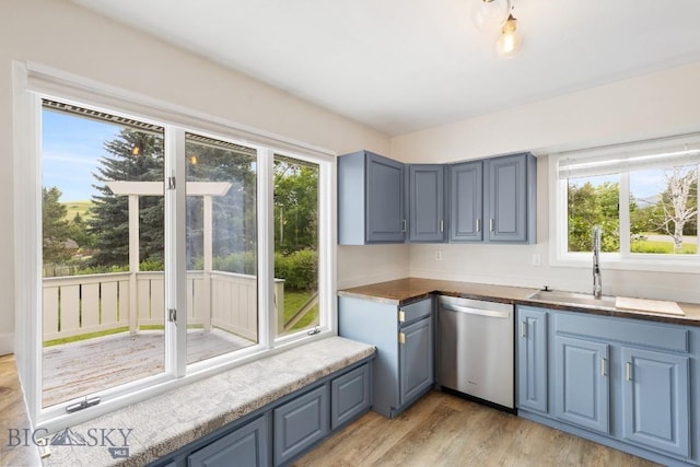 kitchen with blue cabinetry, light wood-type flooring, a sink, and dishwasher