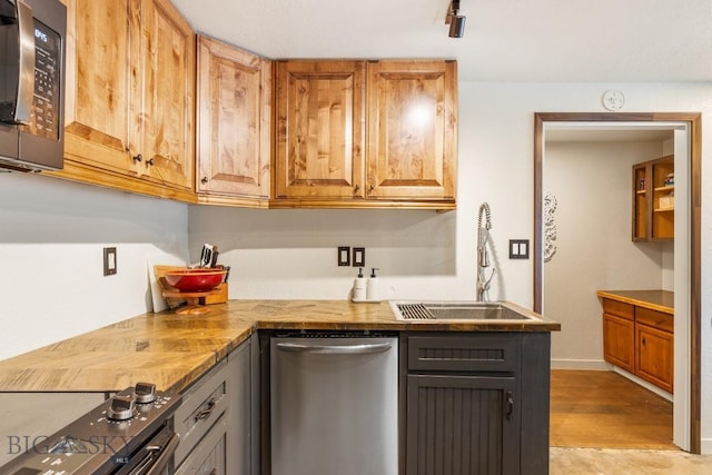 kitchen with a sink, light wood-style flooring, and stainless steel appliances