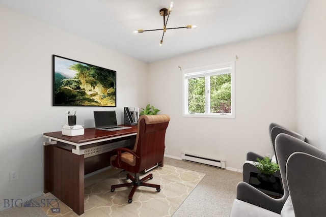 office with a notable chandelier, a baseboard heating unit, baseboards, and light speckled floor