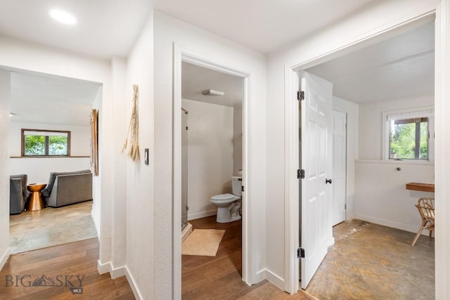 bathroom with toilet, baseboards, a healthy amount of sunlight, and wood finished floors