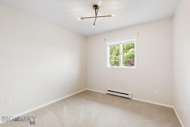 unfurnished room featuring carpet flooring, baseboards, a notable chandelier, and baseboard heating