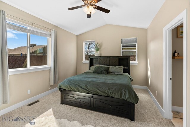 1604 Drummond Blvd, Belgrade, MT 59714 - carpeted bedroom with baseboards, a ceiling fan, lofted ceiling, and visible vents