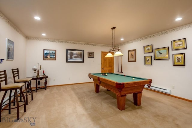 rec room with baseboards, light carpet, and recessed lighting