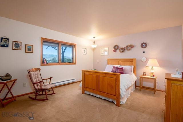 bedroom with baseboards, a baseboard radiator, and light colored carpet