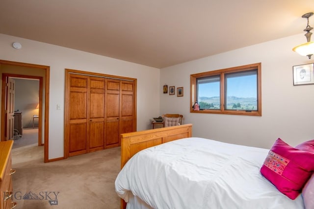 bedroom with light colored carpet and a closet