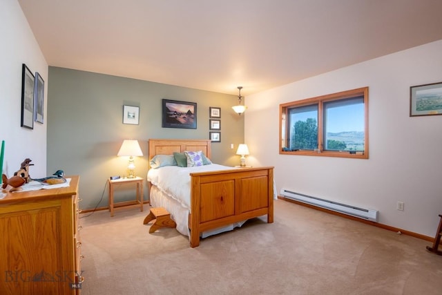 bedroom featuring baseboards, a baseboard radiator, and light carpet