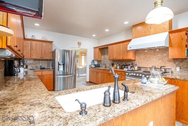 kitchen featuring stainless steel fridge with ice dispenser, recessed lighting, tasteful backsplash, light stone counters, and exhaust hood
