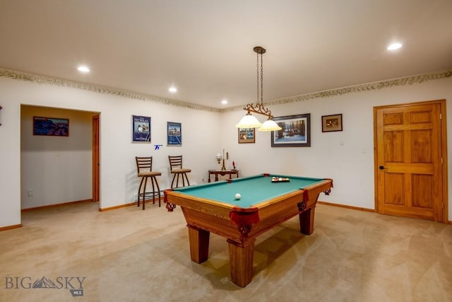 recreation room with recessed lighting, pool table, light colored carpet, and baseboards