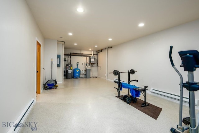 workout room with water heater, a baseboard radiator, electric panel, and recessed lighting