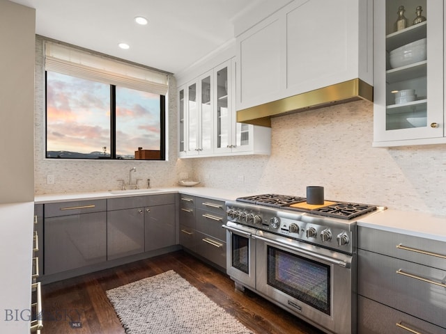 kitchen featuring decorative backsplash, double oven range, white cabinets, a sink, and gray cabinetry