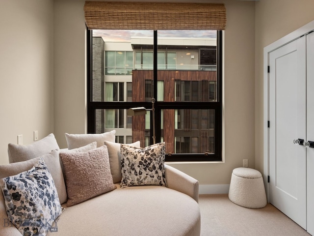 living area with baseboards and carpet