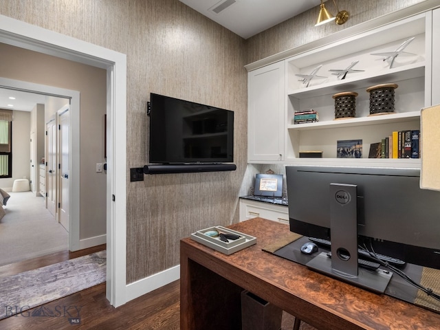 office featuring baseboards, dark wood finished floors, and visible vents