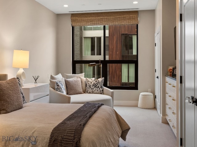 bedroom featuring carpet floors, recessed lighting, and baseboards