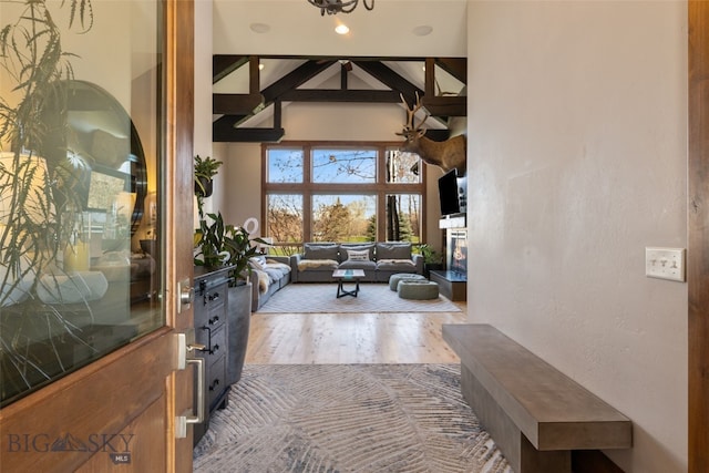 living room with a glass covered fireplace, high vaulted ceiling, and wood finished floors
