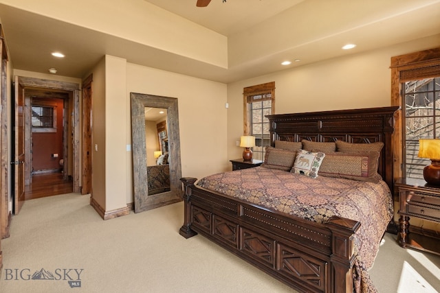 bedroom featuring baseboards, a ceiling fan, recessed lighting, and light colored carpet