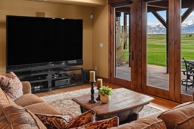 living room with a mountain view and wood finished floors