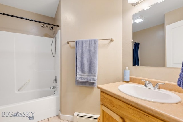 full bathroom featuring vanity, tile patterned floors, shower / tub combination, and a baseboard heating unit