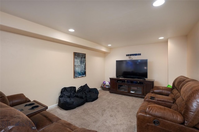 living room featuring carpet floors, recessed lighting, and baseboards