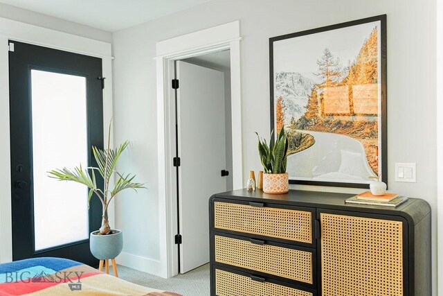 interior space featuring baseboards and light colored carpet