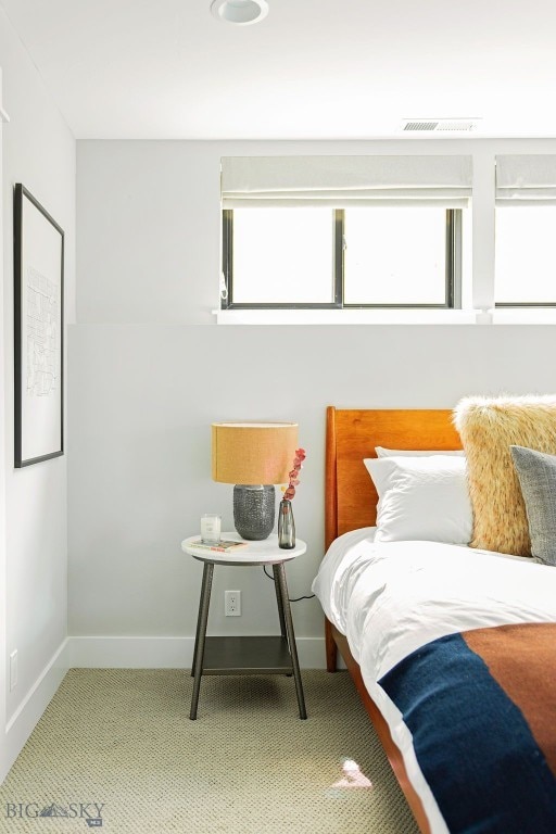 bedroom featuring visible vents, baseboards, and multiple windows