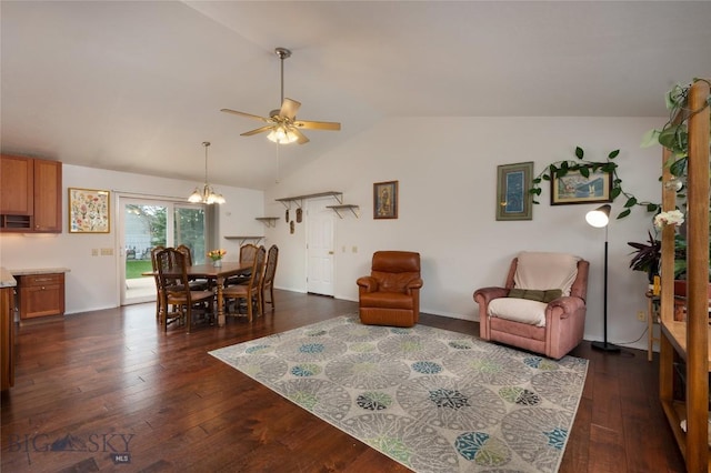living room with vaulted ceiling, baseboards, ceiling fan with notable chandelier, and dark wood-style floors