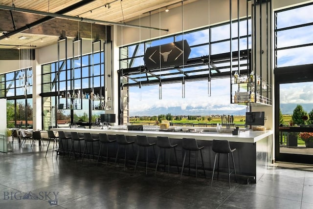 bar featuring finished concrete flooring and a towering ceiling