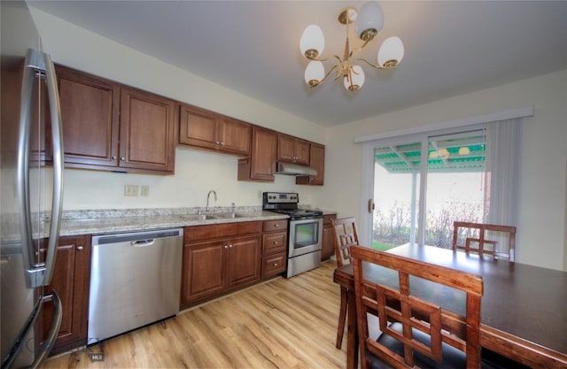 kitchen featuring a notable chandelier, a sink, light wood finished floors, stainless steel appliances, and under cabinet range hood