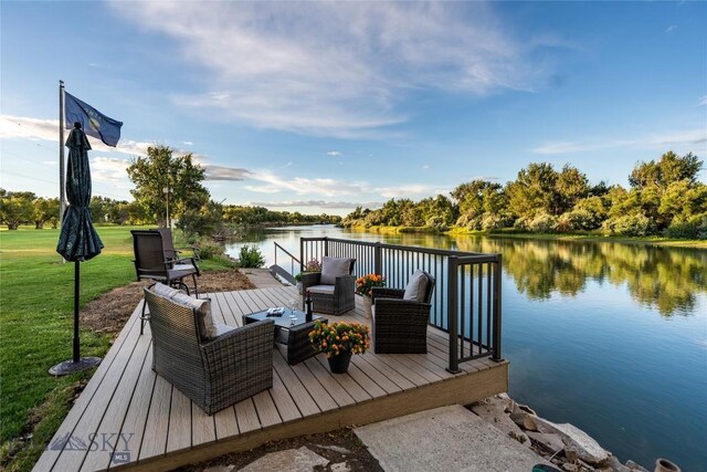 423 Riverview Ct, Great Falls, MT 59404 - dock area with a deck with water view, an outdoor hangout area, and a yard