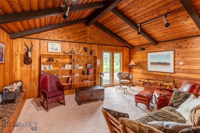 423 Riverview Ct, Great Falls, MT 59404 - carpeted living area featuring wood ceiling, wood walls, track lighting, and vaulted ceiling with beams