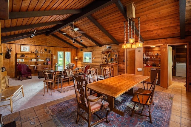 423 Riverview Ct, Great Falls, MT 59404 - dining space with wood ceiling, washer / clothes dryer, tile patterned flooring, lofted ceiling with beams, and wooden walls