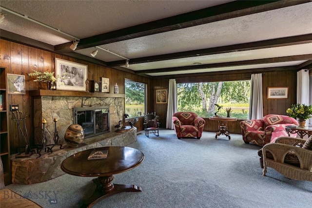 423 Riverview Ct, Great Falls, MT 59404 - living area featuring carpet flooring, beam ceiling, a fireplace, a textured ceiling, and wood walls