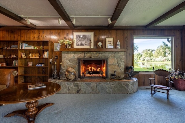 423 Riverview Ct, Great Falls, MT 59404 - living area with carpet floors, wood walls, a stone fireplace, and beamed ceiling