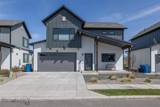 view of front facade featuring board and batten siding, driveway, covered porch, and a garage