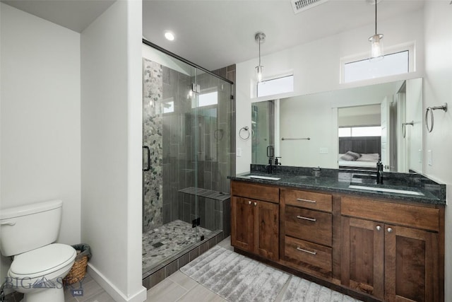 bathroom with toilet, a shower stall, a sink, and ensuite bathroom