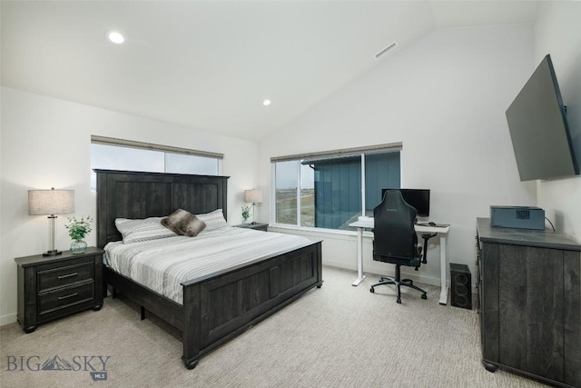 bedroom with recessed lighting, baseboards, high vaulted ceiling, and light carpet