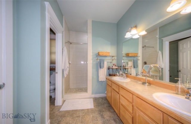 full bathroom featuring a sink, a shower stall, toilet, and double vanity
