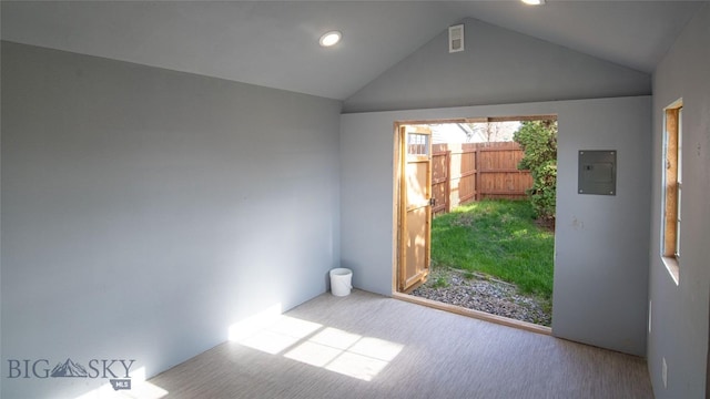 417 Henry Dr, Belgrade, MT 59714 - interior space with recessed lighting, electric panel, vaulted ceiling, and carpet flooring