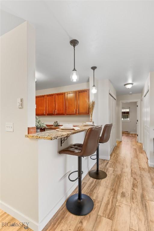 bar featuring baseboards, hanging light fixtures, and light wood-style floors